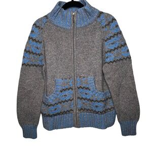 Nua Merino Wool Silk Full Zip Fair Isle Cardigan Sweater Gray Blue Mens Large